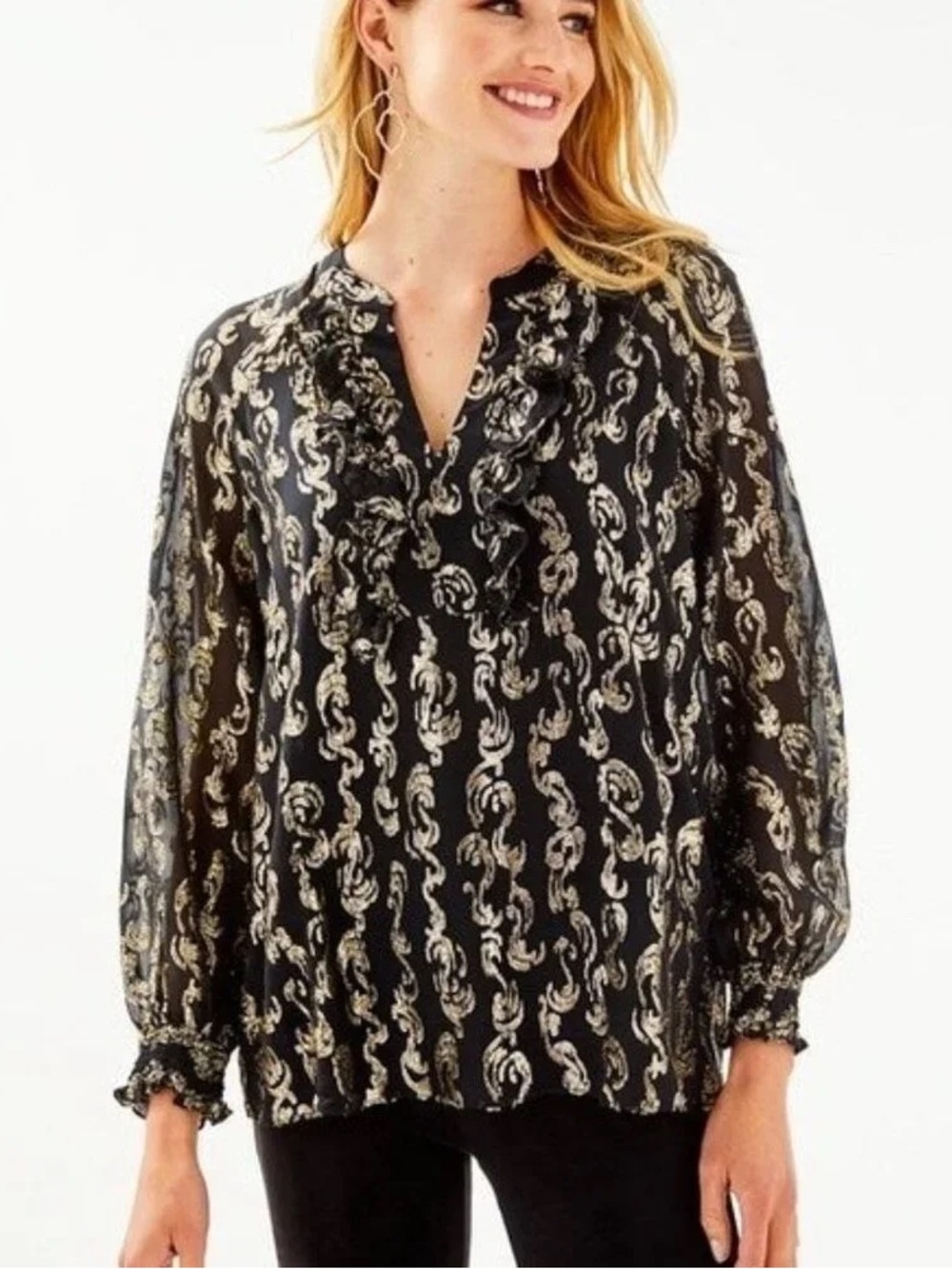 LILLY PULITZER ANGELIKA BLOUSE WOMENS S SILK CHIFFON METALLIC LONG SLEEVE CASUAL